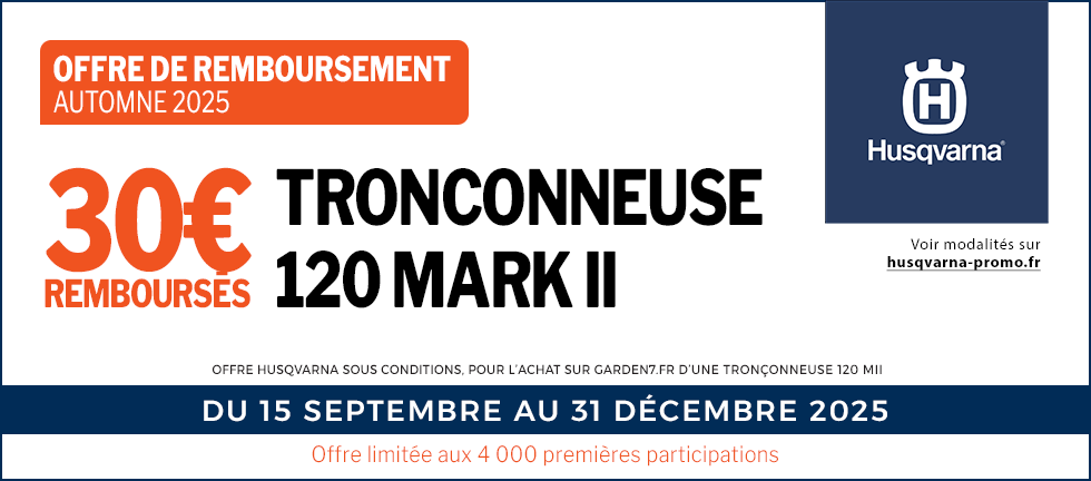 Du 15 Septembre au 31 Décembre 2025, recevez un remboursement de 30€ pour l'achat d'une Tronçonneuse Husqvarna 120 Mark II